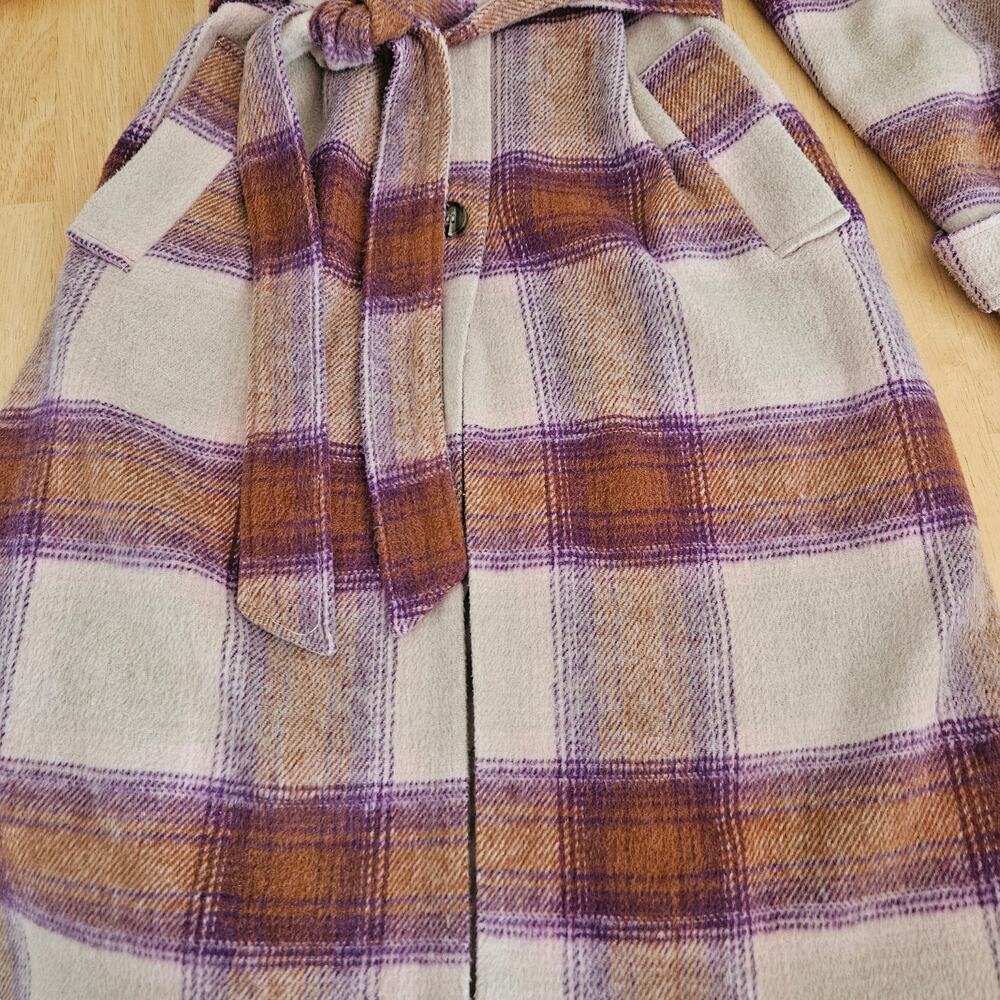 Forever 21 Long Line Plaid Jacket Belted Sz L - Picture 6 of 12